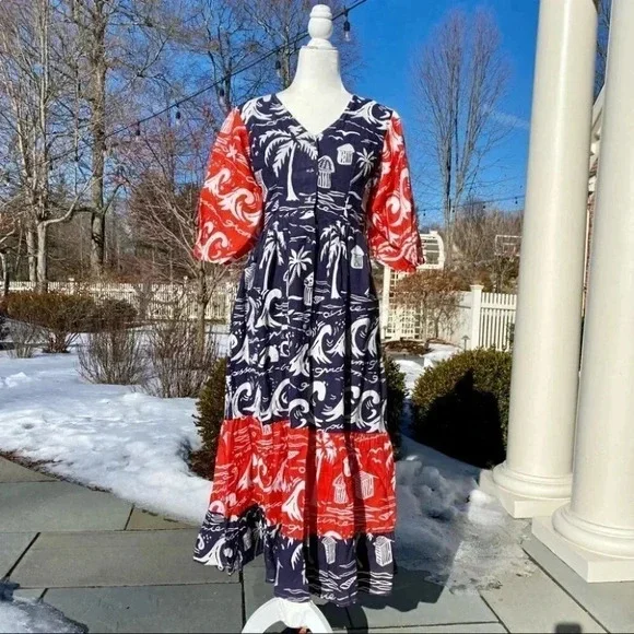 Anthropologie Place Nationale Linen Puff Sleeve Printed Midi Dress Red Small